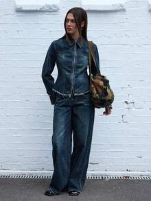 COUREZ Áo sơ mi denim dài tay có khóa kéo, màu xanh bẩn, kiểu dáng Y2K, thời trang nữ mùa thu, áo kiểu dễ thương, áo đi chơi, áo mùa đông, áo kiểu sành điệu - Màu xanh lam - Xem 2
