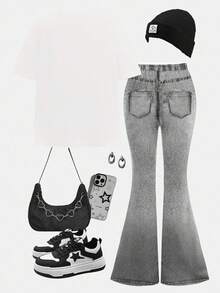 SHEIN Leap Crew 2pcs/Set Teen Girls Casual Loose Heart & Face Graffiti Print Round Neck Short Sleeve T-Shirt And Flare Pants Outfit, Suitable For Summer, Autumn, Home, Outdoor, Street Photography, Campus - Multicolor - View 2