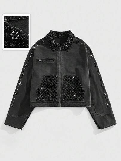 Street Life Men's Loose Fit Denim Jacket With Pearl Decor