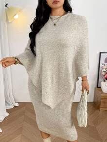 Firerie 2pcs/Set Plus Size Women Beige Poncho Style Sweater & V-Neck Straight Knit Dress, Elegant Everyday Batwing Sleeve Modest Oversized Cape Fall/Winter - Khaki - View 5