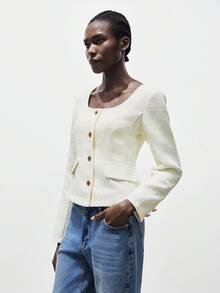 Lumivelle Elegant Commuter Solid Color Front Button Long Sleeve Jacket, Autumn Casual Spring For University Fall Winter - Apricot - View 6