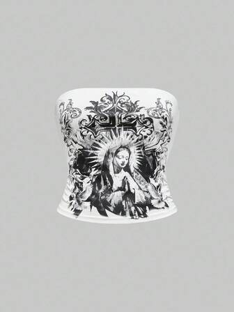 Goth Débardeur femme avec décoration de croix et Vierge Marie en strass