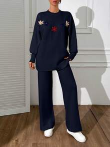 EURMUSE Cardigan Flower Detail Pullover Set Sweater Co-Ord +700 - Navy Blue - View 5