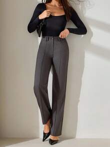 CLARA VERO Women's Solid Seam Detailed Tabby Weave Quality Elegant Suit Pants - Grey - View 5