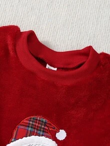 女童休闲雪人印花圆领长袖上衣和格子裤两件套家居服套装 - 紅色 - 查看 5