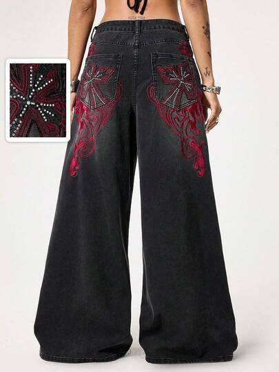 ROMWE Grunge Punk Punk Post-Apocalyptic Cross & Vine Distressed Wash Extra Loose Straight Leg Extra-Long Denim Trousers