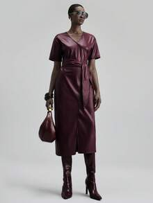 Ontre Elegant Women's Burgundy Autumn Long Dress,V-Neck Tie-Waist Vintage Casual Office Wear,Business Commuting Dining Outfits,Christmas Halloween Uniform - Burgundy - View 2