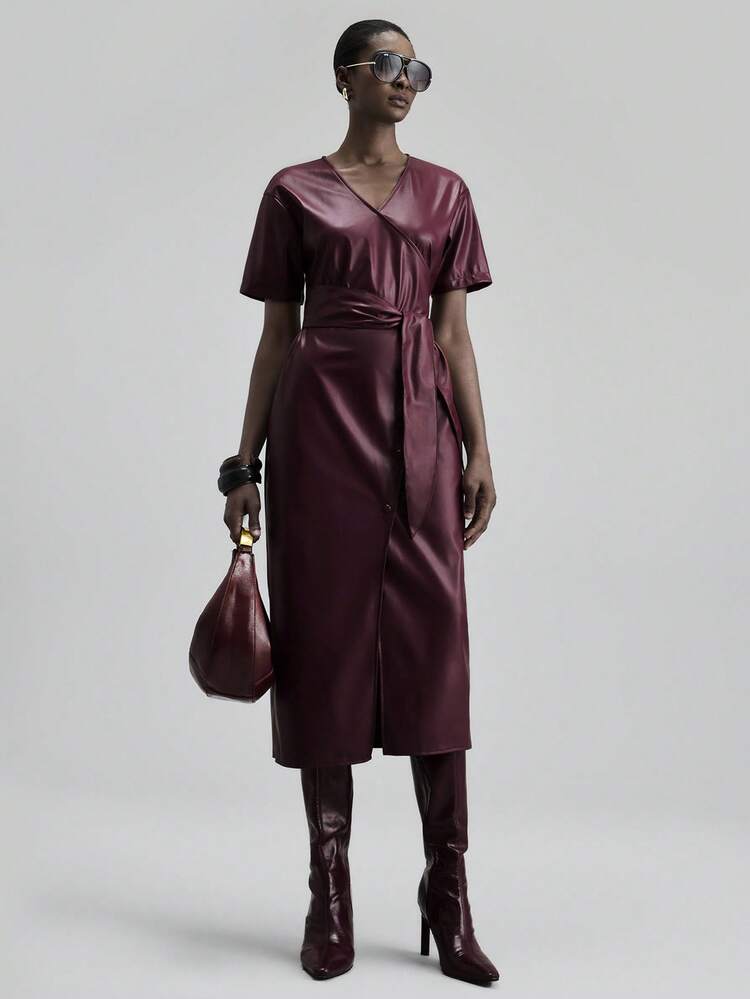 Elegant Women's Burgundy Autumn Long Dress,V-Neck Tie-Waist Vintage Casual Office Wear,Business Commuting Dining Outfits,Christmas Halloween Uniform