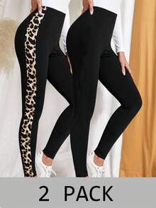EMERY ROSE 2-Piece Set Simple Casual Women's Random Leopard Print Hip-Lifting Leggings, Suitable For Autumn And Winter Cheetah Print 2 Packs Leggings Leopard Print Leggings Cheetah Animal Print Women Athletic Leggings Women Leggings Black Leggings,Fall - Multicolor - View 1