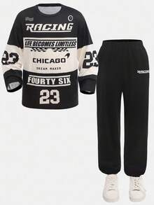 SHEIN Tween-Mädchen Street Oversized V-Ausschnitt Speed Logo Farbblock Langarm-T-Shirt und Jogginghose Set, geeignet für Straße, Sport, Herbst/Winter, Urlaub, Sommer, Reisen - Schwarz - Übersicht 2
