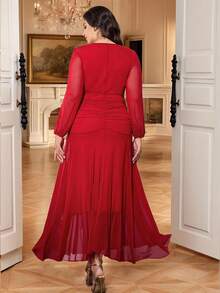 Modelyn Vestido elegante de diseño con cintura plisada de malla de punto para mujer de talla grande - Rojo - Ver 2