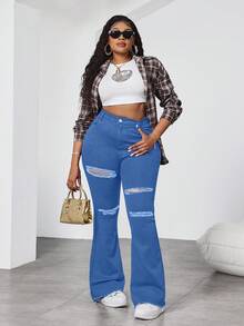 SHEIN CURVE+ Quần jean đen cỡ lớn, quần jean ống loe rách, quần denim co giãn cao thoải mái có túi, trang phục thường ngày - Rửa trung bình - Xem 6