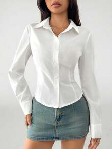 SHEIN EZwear Plus Size White Fitted Casual Shirt, Minimalist & Fashionable For Daily Wear - White - View 1