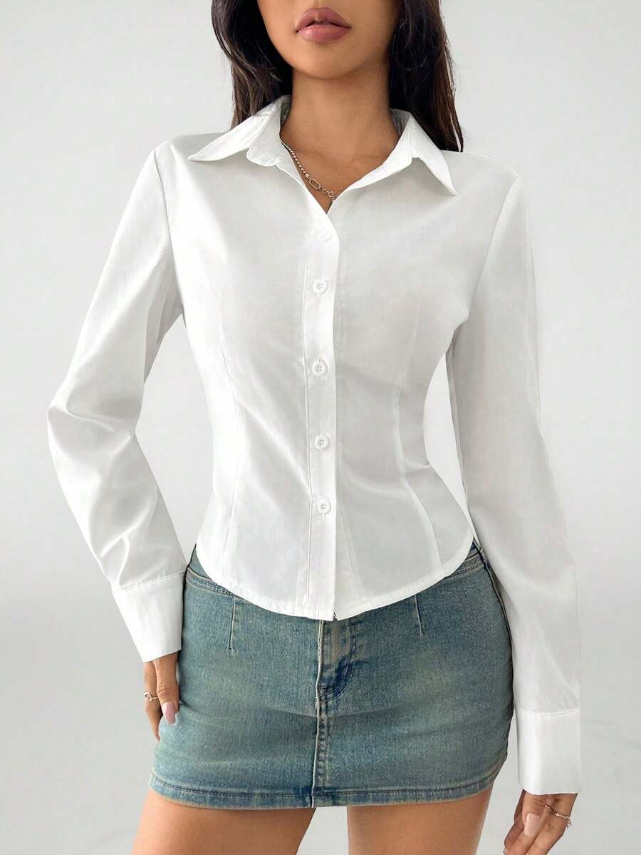 SHEIN EZwear Plus Size White Fitted Casual Shirt, Minimalist & Fashionable For Daily Wear - White - View 1