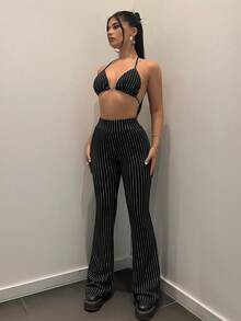 SHEIN ICON Striped Print Flare Leg Trousers - Black - View 7
