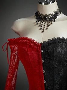 SHEIN ICON 女式万圣节角色扮演露肩撞色蕾丝喇叭袖提花衬衫 - 彩色 - 查看 5