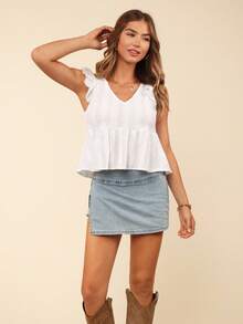 Coeurva 網眼刺繡蝴蝶袖荷葉邊下擺襯衫 - 白色 - 查看 3