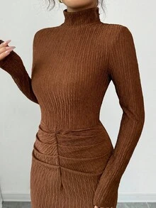 Rafferiza Vestido de punto elástico con cuello alto, manga larga y drapeado, versátil y sexy para el otoño/invierno