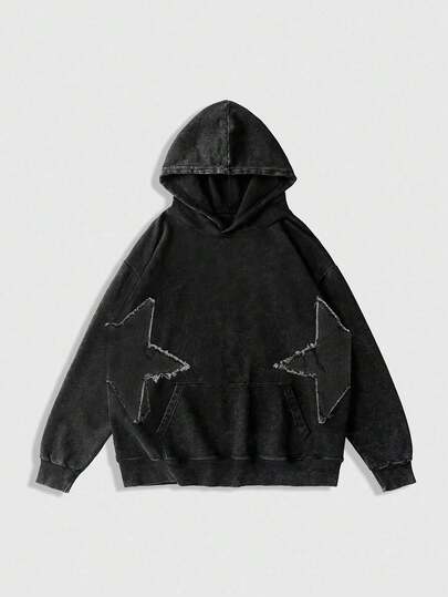 Street Life Teen Boy's Autumn Star Frayed Drawstring Black Hoodie Casual Sweatshirt Fall Winter