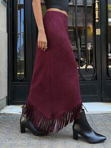 Aloruh 女士超长绒面革半身裙，勃艮第红安卡拉红复古浪漫波西米亚流苏拼接 A 字裙 - 酒紅色 - 查看 5