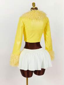 Y2K Amplova 女款卷毛翻领长袖皮草和皮革性感亮色飞行夹克，适合秋冬季派对和学校穿着 - 黃色 - 查看 9