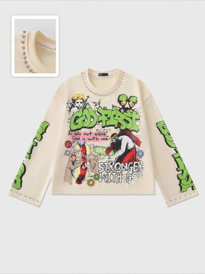 Street Life Men's Glitter Diamond Print Long Sleeve T-Shirt, Loose Dropped Shoulder Tee, Fall