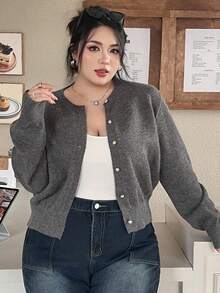 Dazy Plus Plus Size Women's Solid Color Round Neck Button Up Loose Long Sleeve Cardigan Sweater, Autumn/Winter