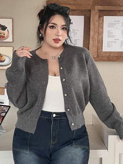 Dazy Plus Suéter tipo cardigan de manga larga, cuello redondo y abotonado, de unicolor y holgado, para mujer de talla grande, para otoño/invierno