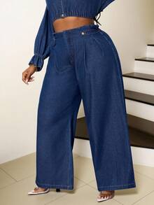 Slaydiva Plus Size Women's Casual City Office Jeans Pants  Autumn Loose Wide-Leg Jeans - Dark Wash - View 6