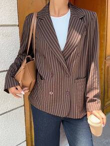 SHEIN Unity 条纹双排扣西装外套，学院风，秋冬 - 棕色 - 查看 4