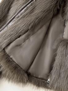 Elamini 棕色人造毛皮拼接腰部设计修身立领拉链长袖女式夹克 - 棕色 - 查看 7