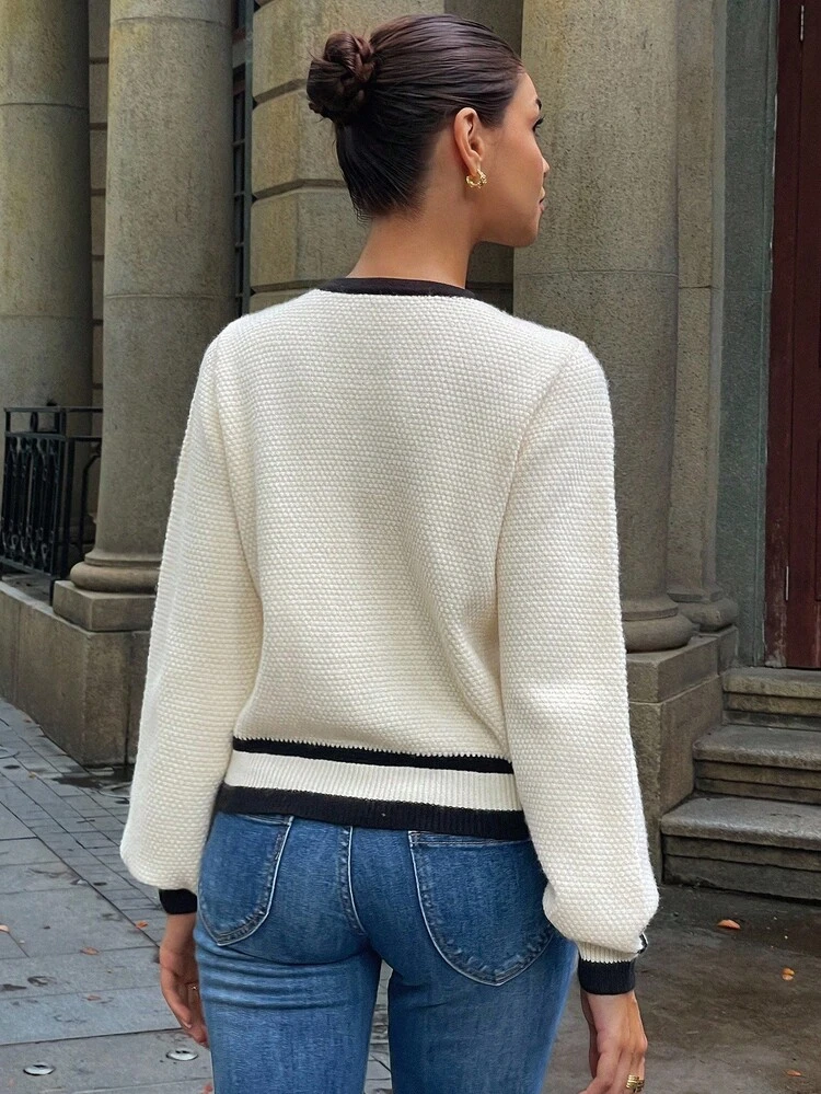 Women's Elegant Contrast Color Cardigan, Autumn