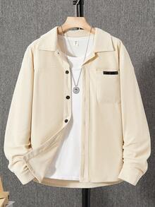 1pc Casual Corduroy Texture Varsity Collar Contrast Trim Pocket Design Shacket For Teenage Boys, Suitable For Leisure, School, And Outerwear Fall Winter