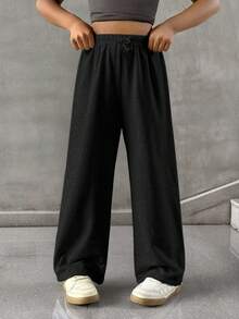 SHEIN Tween Girl Simple Front Tie Loose Sweatpants, Casual Daily Wear Fall Winter - Black - View 6