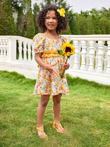 Joliand Joliand فستان أنيق ذو أكمام منفوخة بطراز زهري وفيونكة كبيرة للفتيات الصغيرات، مناسب للتجمعات، والخروجات، والزفاف، والحفلات، الصيف - متعدد الألوان - مشاهدة 6