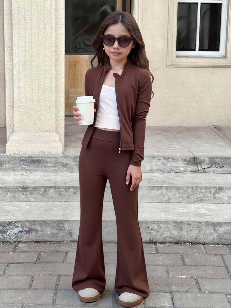 SHEIN Serisse Kids Bộ 2 món áo thun tay dài màu nâu cà phê trơn đơn giản và quần ống loe cho bé gái tuổi teen, phù hợp mặc hàng ngày vào mùa thu/đông - Cà phê nâu - Xem 1