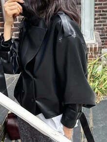 DAZY Women's Casual Loose PU Leather Lapel Long Sleeve Jacket, Autumn Y2k Women Coats