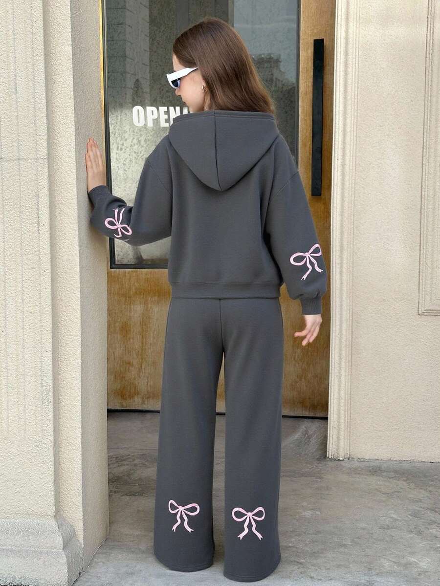 SHEIN 2pcs/Set Tween Girls Casual Hoodie Sweatsuit,Pink Bow Print,Autumn Back-To-School Tracksuit,Children's Sweatpants Set For School Daily Wear & Sports - Dark Grey - View 1