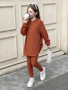 SHEIN 青少年女孩罗纹圆领长袖 T 恤套装，搭配紧身裤、连帽衫、长袖修身运动裤、休闲条纹连帽上衣和下装套装，适合冬季秋季服装 - 珊瑚橙 - 查看 4
