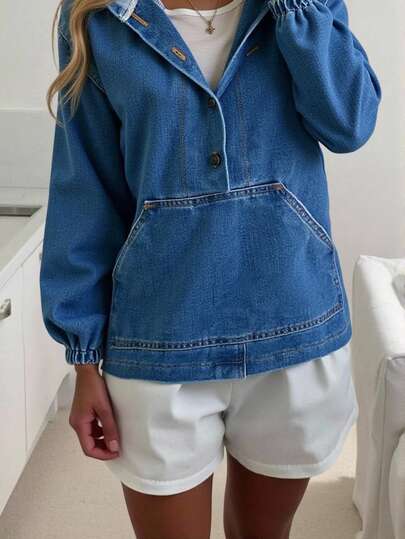 SHEIN 少女纯色水洗半扣抽绳下摆休闲宽松连帽牛仔夹克外套，秋季服装，返校冬装，少女返校返校服装