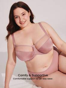 LUVLETTE Plus Unlined Full Coverage Side Support Brown Mesh Sheer Basic Breezy Comfort Minimizer Bra - Redwood - View 6