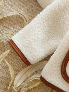 Vintaside Kids 1pc Baby Girls' Winter New White Faux Fur Trim Brown Front Pocket Lapel Minimalist Contrast Color Elegant Versatile Warm Jacket Fall - White - View 6