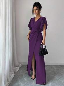 Elenzga Carnival Purple Ruffle Sleeve V-Neck Waist Fitted Mermaid Hem Elegant Romantic Women Dress, Teachers' Day - Purple - View 5