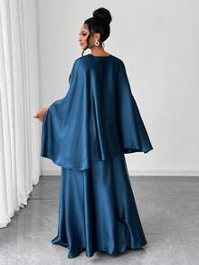 Maweii 大码优雅通勤纯色斗篷袖衬衫和加长裙两件套 - 藍色 - 查看 3