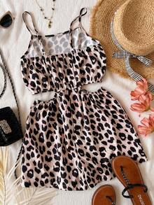 Printed Camisole Vest, Women's Twist Hollow Sleeveless Jumpsuit, Printed Pattern Women's Summer Clothing, Women's Resort Wear, Bohemian Style Fashion, Women's Beach Clothing, Casual Flowing Bohemian Style Women's Clothing, Women's Tropical Clothing - Brown - View 2