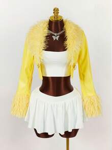 Y2K Amplova 女款卷毛翻领长袖皮草和皮革性感亮色飞行夹克，适合秋冬季派对和学校穿着 - 黃色 - 查看 7