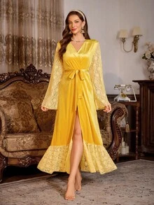 PalaceNights Bata elegante de mujer con mangas largas de encaje de contraste, volantes en el bajo, bata de terciopelo de encaje, bata de seda amarilla, otoño - Amarillo - Ver 5