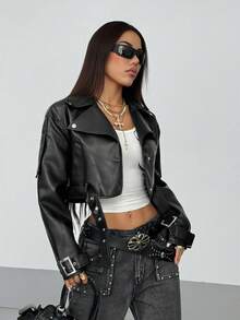 StreetHx 时尚纯色短款夹克配腰带 - 黑色 - 查看 3