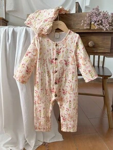 Vintaside Kids Baby Girl Infant Casual Cute Ditsy Floral Long Sleeve Jumpsuit And Matching Hat, Suitable For Daily Wear, Outing, Home, Hiking, Spring And Autumn Seasons Fall Winter