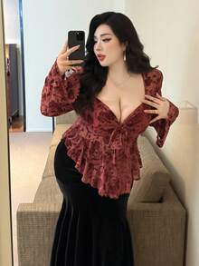 Flirla 大码女式时尚花卉印花前系带喇叭袖衬衫 - 紅色 - 查看 3